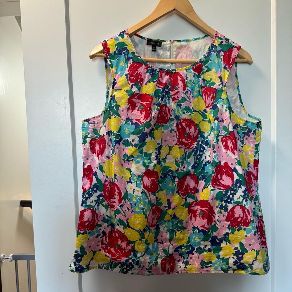 Talbots Colorful Floral Bright Pleated Tank Top Blouse Crewneck Flowy Lined 16